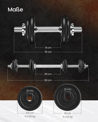 SONGMICS 2-in-1 Dumbbells, 2 x 10 kg dumbbell set made of cast iron, adjustable, dumbbell set with connecting rod, workout, weightlifting for home, gym, ink black SYL20LBKV1