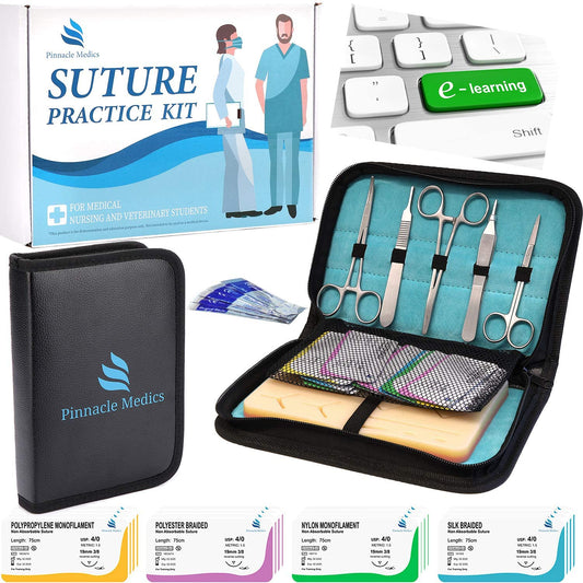 Surgical suture kit | Wound suture practice set | Silicone sewing pad with tool set | 24 wound suture thread surgical sewing kit | Gift for medical students, veterinarians, and dentists | Wound suture video course
