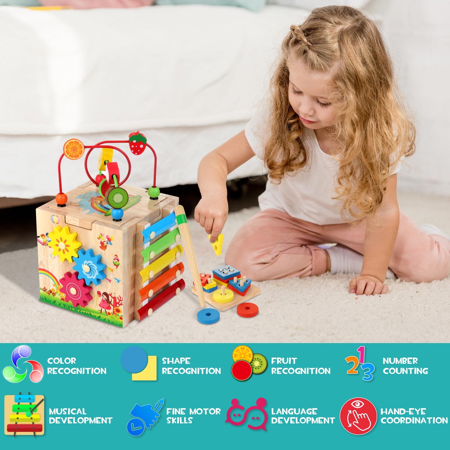 HELLOWOOD wooden activity cube 8 in 1 motor skills toy with stacking and sorting board word cards (in English) Montessori educational toy for toddlers babies 18 months and up