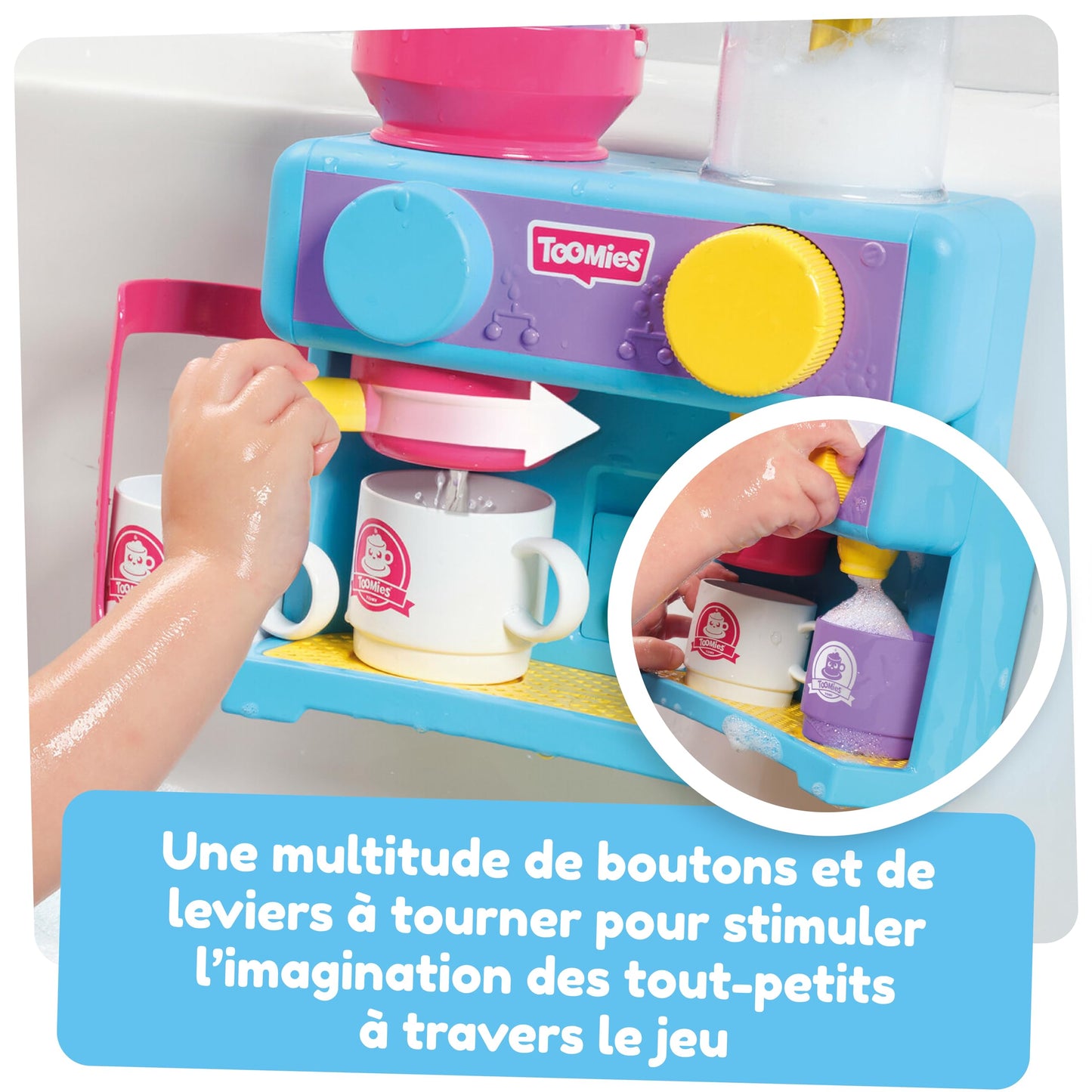 Tomy Toomies Bath Barista - Wall-mounted baby bath toy as a café & foam bath play kitchen for toddlers - Kitchen set: 3 cups, 1 jug, 1 shaker - for girls & boys aged 18 months and up.