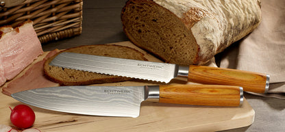 3-piece Genuine Damascus Knife Set, Kitchen/Chef's Knife, Serrated Bread Knife, Paring/Vegetable Knife, Damascus Steel, ergonomic Pakka Wood handles, Brown/Silver, Storage Box included.