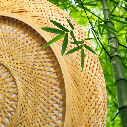 Bamboo LED ceiling light with remote control, dimmable handwoven natural wood lamp. Retro rattan design, 50W, round shape for bedroom, living room, hallway, 50cm.