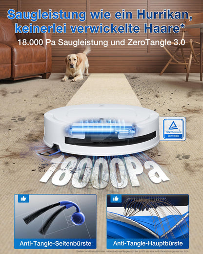 ECOVACS DEEBOT T80 OMNI robot vacuum with mopping function, 18,000 Pa suction power, OZMO ROLLER mop with continuous fresh water self-cleaning, ZeroTangle 3.0, mop wash with 40-75℃ hot water, White