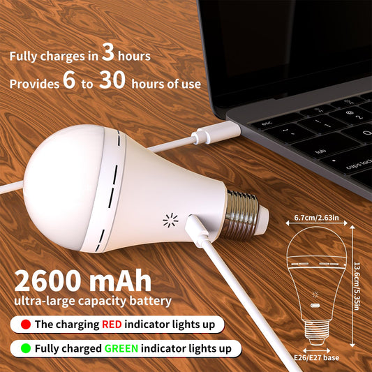 USB-C Rechargeable Bulb With Remote Control, 7W E27 Smart Battery Bulb, Touch Control Dimmable LED Bulbs With Timing Function, Outdoor Camping Emergency Light With Hook, 6500k/2 pack