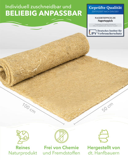 100% hemp rug, 100 x 50cm, 5mm thick, suitable for all small pets, hemp mat for rodents, floor covering (3 pieces)