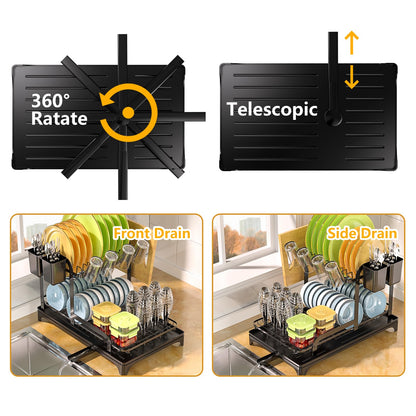 Yexati Large Capacity Dish Drying Rack 2-Tier Dish Drainer with Drip Tray Anti-Rust Dish Rack for Kitchen Counter Plus Utensil Holder, Bottle Drying Rack, Black