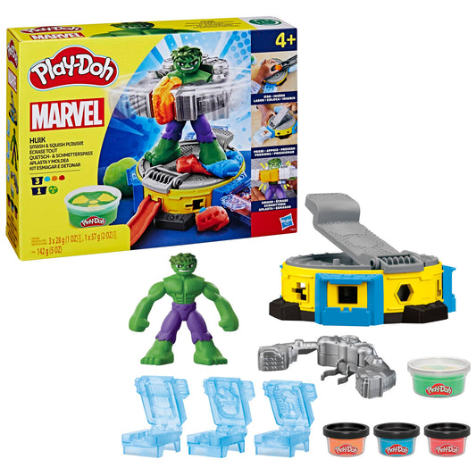Play-Doh Marvel Hulk Smash & Squeeze Fun, action figure and 3 x 28g cans and 1 x 56g can, dough press and molds, creative fun for kids ages 3 and up.