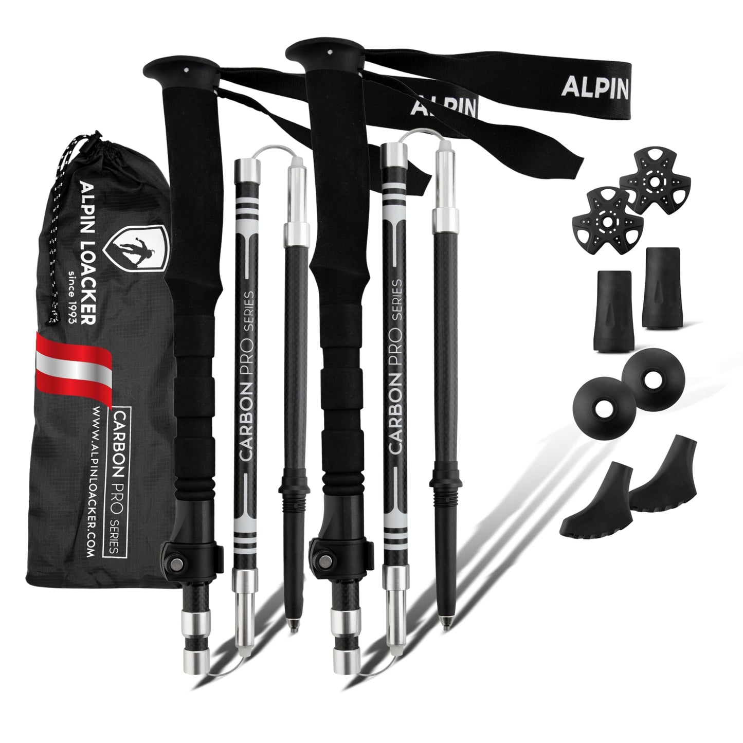 ALPIN LOACKER folding hiking poles Carbon or aluminum with cork grip I Nordic Walking poles for women & men I Lightweight foldable trekking poles telescopic for mountain sports, Eva Carbon long