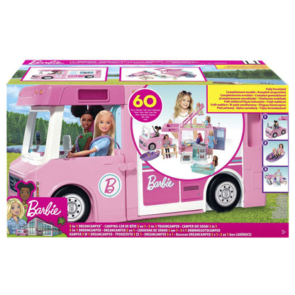 Barbie 3-in-1 Super Adventure Camper with accessories, pool, convertible truck, boat, 60 camping accessories, doll, suitable as a gift for children 3 years and older, GHL93.