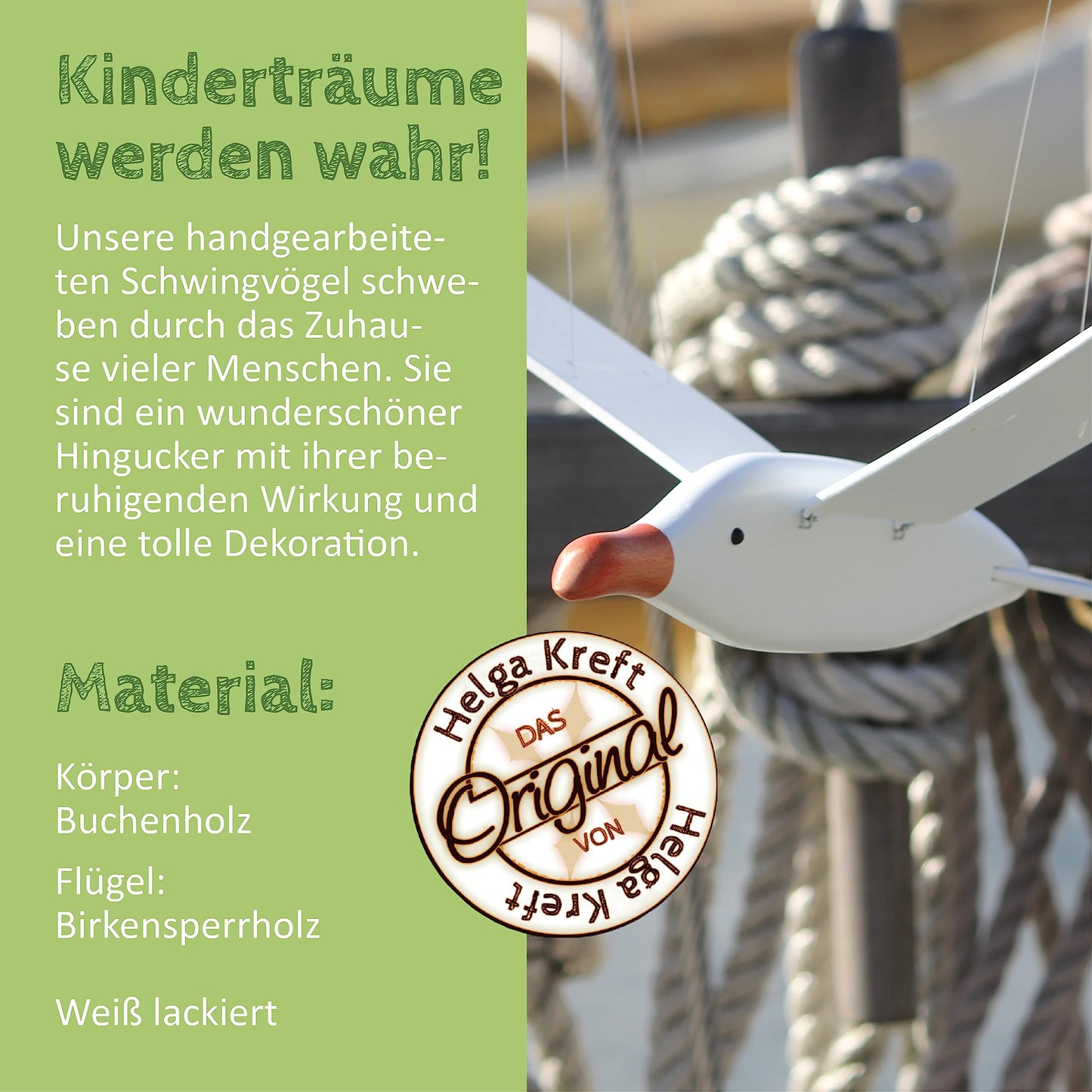 Helga Kreft 04021 Rocking bird "Arrow" made of beech wood, wingspan 55 cm, calming and decorative, Made in Germany.