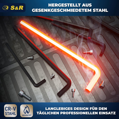 S&R Hex Key Set, 30 pieces, CrV steel, metric 0.7-10 mm & inch 0.028 to 3/8; Hex set precise, durable & robust for bicycle, automotive & furniture assembly, Allen key set.