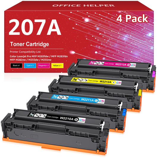 OFFICE HELPER 4-pack 207A (W2210A) toner compatible with HP Color Laserjet Pro MFP M283fdw, M283fdn, M255dw, M255nw, M282nw, W2210X (no chip)