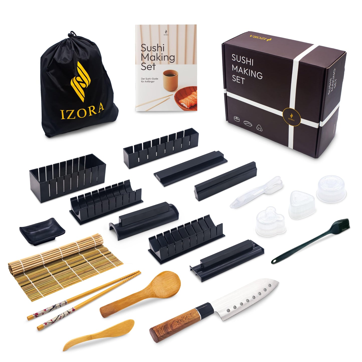 Izora Sushi Maker Set with beginner's guide including detailed instructions, easy recipe suggestions - Sushi set for making your own with stylish gift box, practical fabric bag.