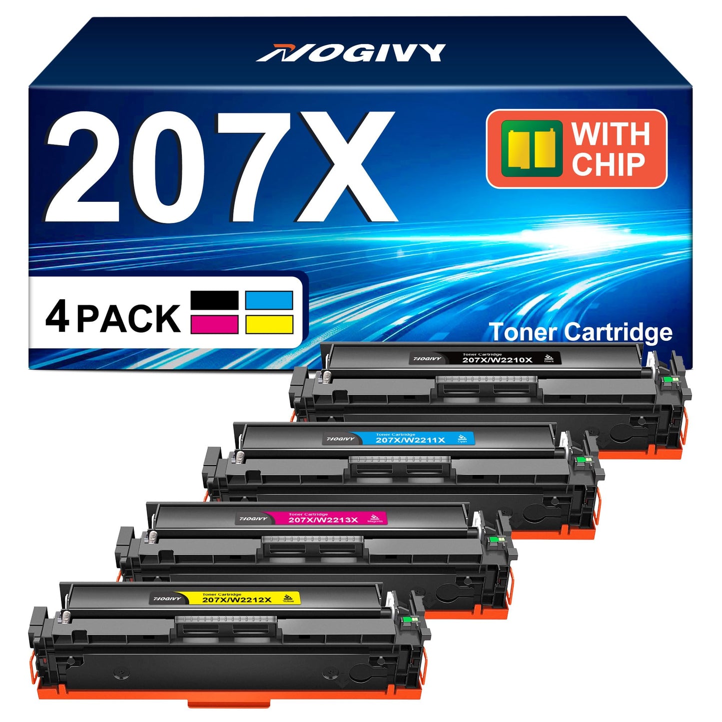 NOGIVY 207X Toner Set with Chip Compatible for HP 207X 207A Toner for Color Laserjet Pro MFP M283fdw Toner for M255dw M282nw M283fdn W2210X W2211X W2212X W2213X (Black Cyan Yellow Magenta, 4-Pack)