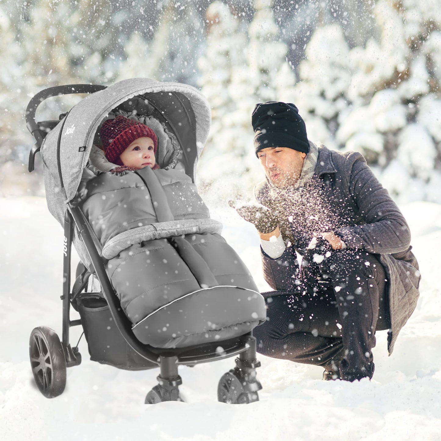 Zamboo footmuff for Joie stroller (fits Litetrax, Mytrax, Chrome) - winter footmuff for strollers, with reflector, hood function & pocket - Grey