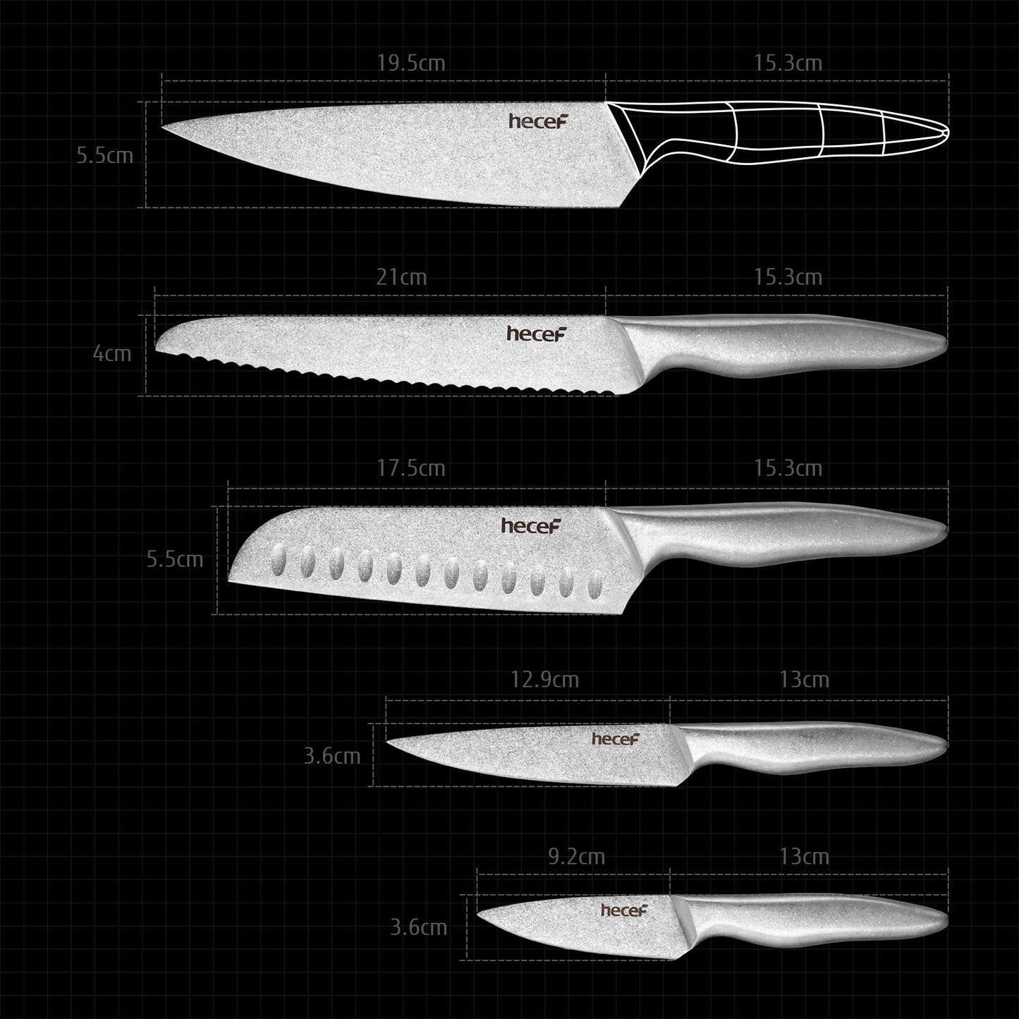 hecef 5-slot knife set with roll bag and knife sheath, vintage stonewashed stainless steel knife set with hollow handle, professional kitchen knife set for outdoor, camping