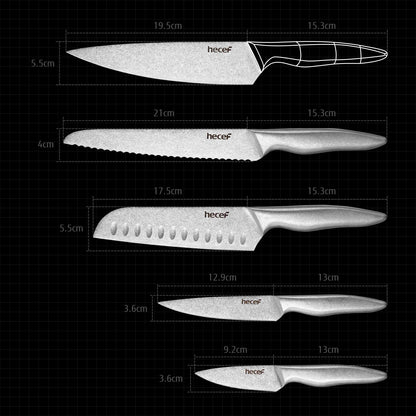 hecef 5-slot knife set with roll bag and knife sheath, vintage stonewashed stainless steel knife set with hollow handle, professional kitchen knife set for outdoor, camping