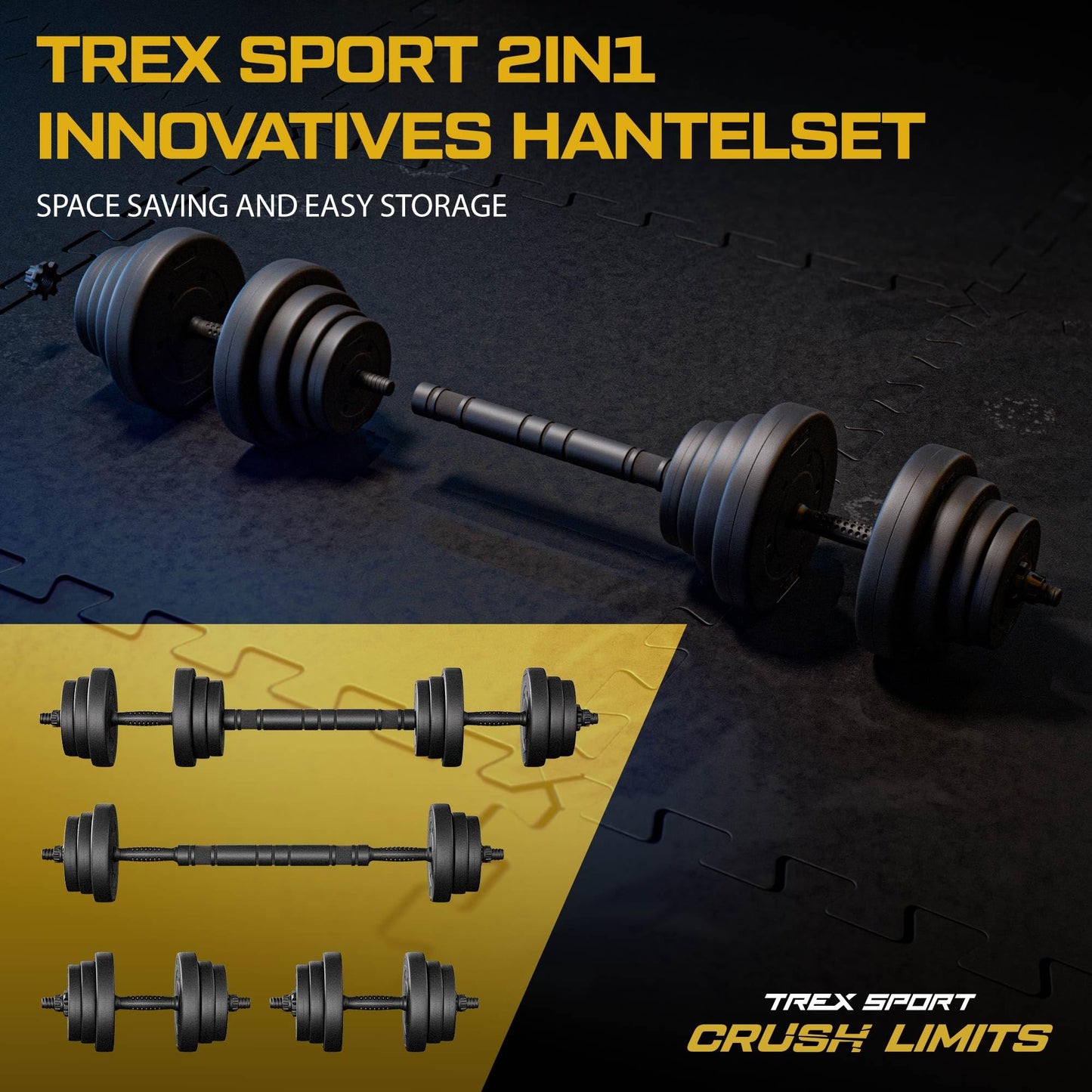 TREX SPORT Dumbbell Set | 2 sets of dumbbells & barbell | 20kg 40kg dumbbell set with connecting tube - 40kg (2x20kg)