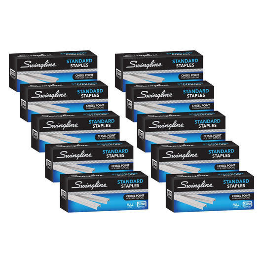 Swingline staples, 10 count, standard staples for desktop staplers, 6.35mm length, 210 staples per strip, 5000 staples per box (35111)