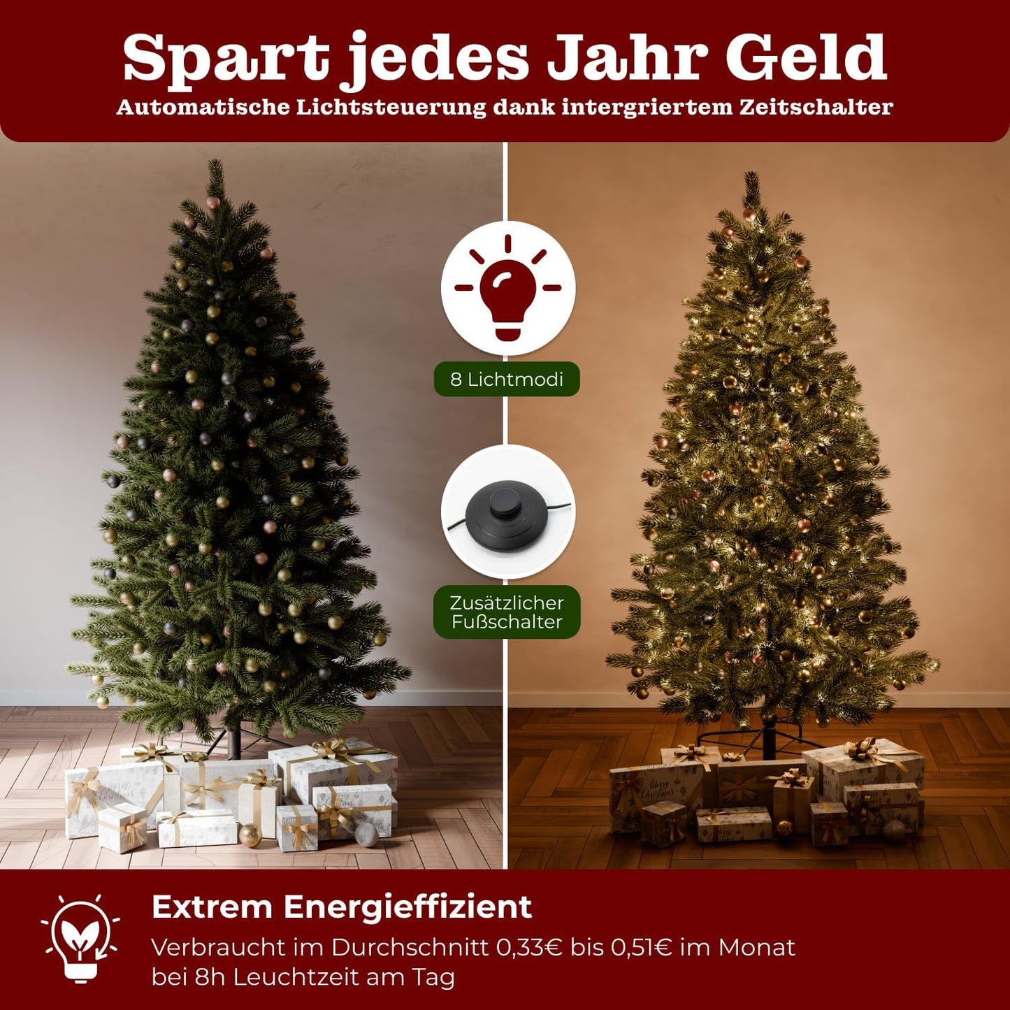 Artificial Christmas tree with lighting - [100% injection molding] - 210 cm high with 500 LEDs - lifelike fir tree - with integrated string lights - Christmas tree with stable metal stand