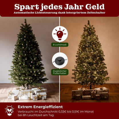 Artificial Christmas tree with lighting - [100% injection molding] - 210 cm high with 500 LEDs - lifelike fir tree - with integrated string lights - Christmas tree with stable metal stand