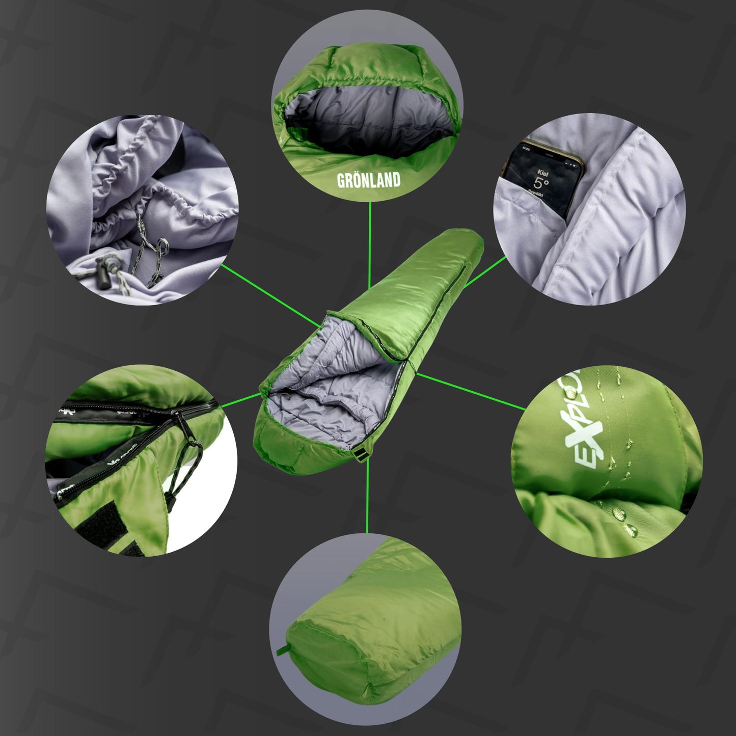 EXPLORER® GREENLAND Sleeping Bag -23°C -5°C [350GSM] 3-4 Seasons Winter Mummy Bag Adult [1900g] 230x82x55cm Zip-Right Dark Green perfect for Outdoor, Camping, Trekking, and Travel.