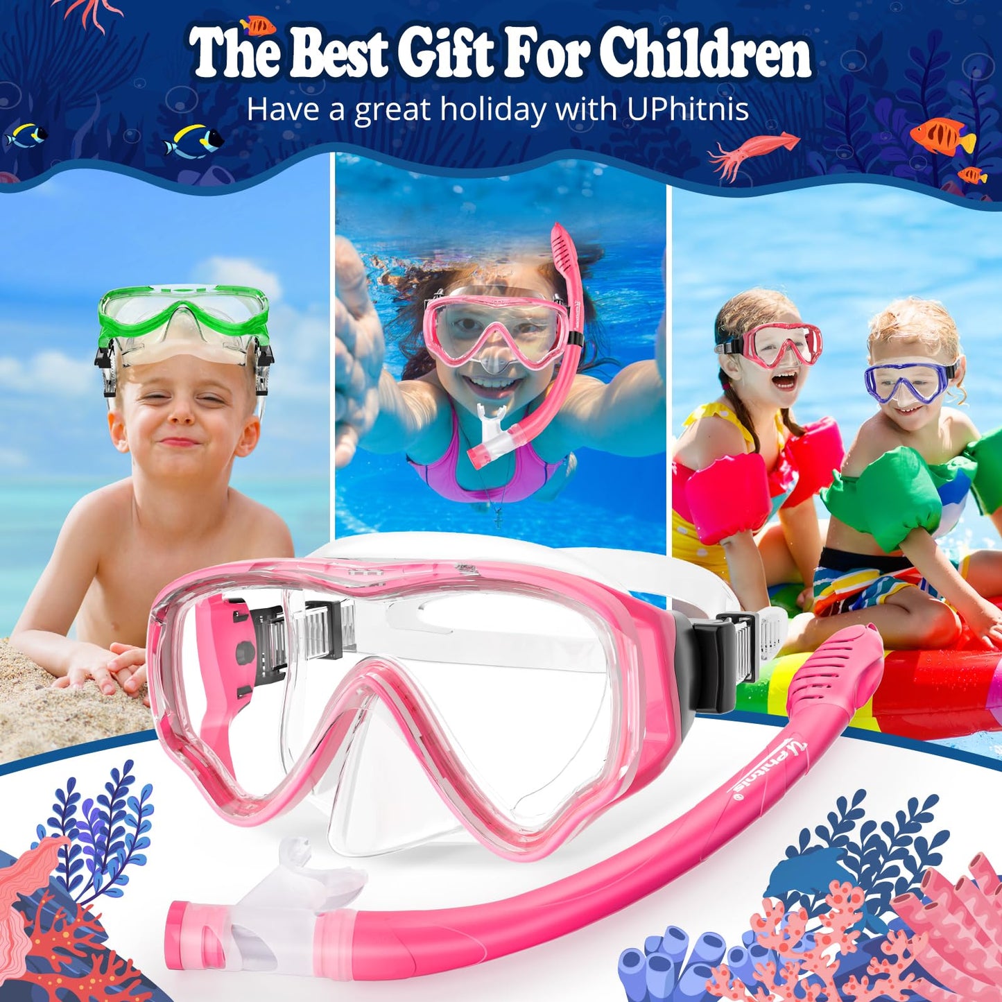 UPhitnis Kids Snorkel Set - Anti-Fog Dive Mask and Dry Snorkel - Leak-Proof Snorkel Mask - Snorkeling Gear for Boys Girls - Pink, Blue, Black, Yellow