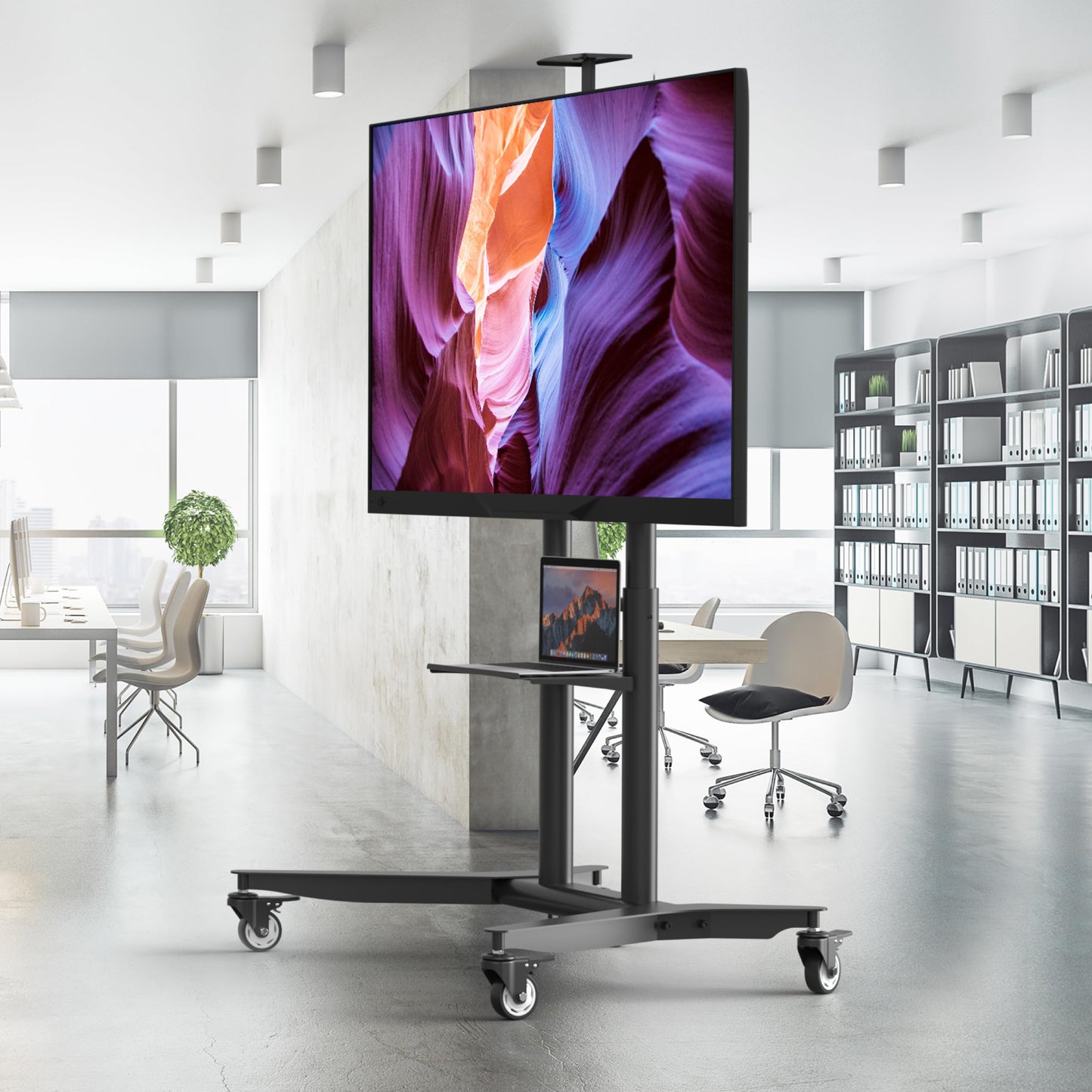 ONKRON TV stand on wheels for 55-90 inch TVs, max weight capacity 90 kg, rolling TV stand with adjustable height, max VESA 800x600, professional TV cart with black rollers TS1871-B.