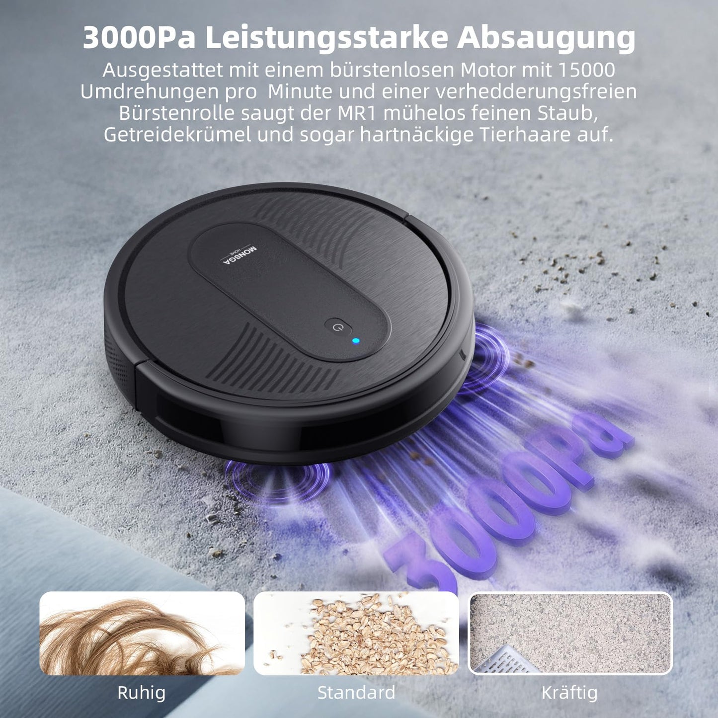 MONSGA robotic vacuum cleaner with mopping function 3 in 1, vacuum robot 3000PA, robot vacuum with 2 brushes, self-charging, WiFi, 140mins runtime, ideal for pet hair, carpet, hard floor (Black)