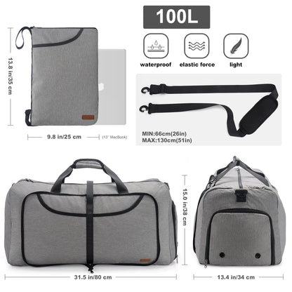 Vogshow travel bag large foldable 100L, weekender overnight bag duffel waterproof sports bag with shoe compartment for men and women