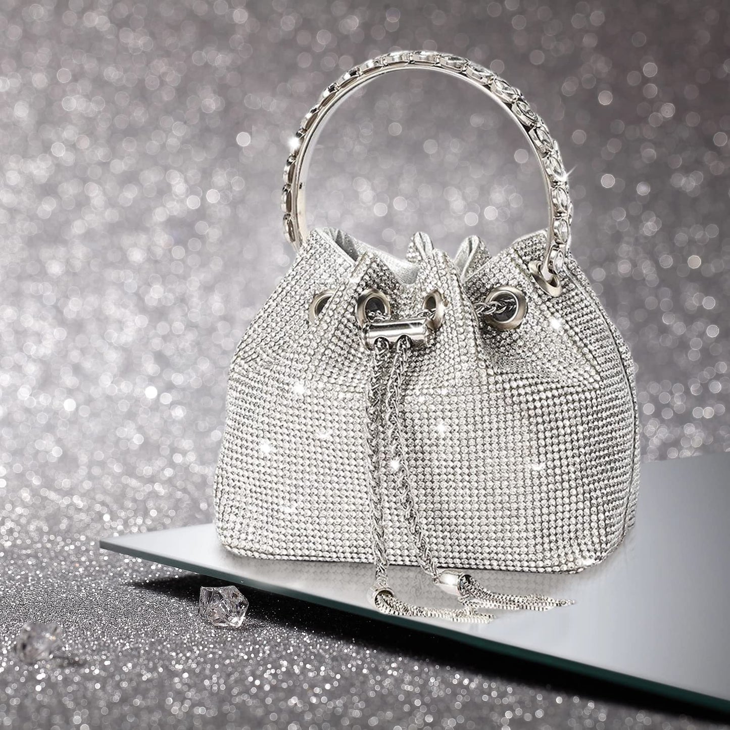 NICOLE & DORIS Women's Bag Rhinestone Elegant Handbag Clutch Glitter Evening Bag Bucket Bag Purse Rhinestones Shoulder Bag for Wedding Party Leisure Silver