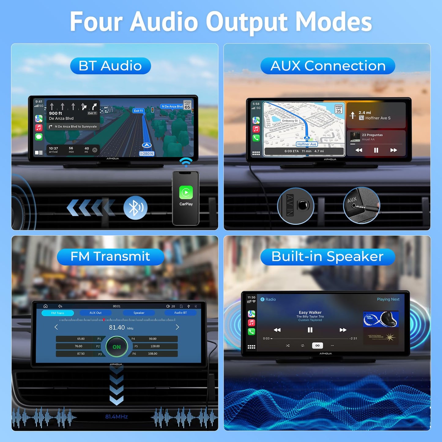 APHQUA Wireless CarPlay Display for Apple CarPlay and Android Auto, 9.3-inch portable light-sensitive touchscreen, digital media receiver with GPS navigation, Siri, MirrorLink/Siri/FM