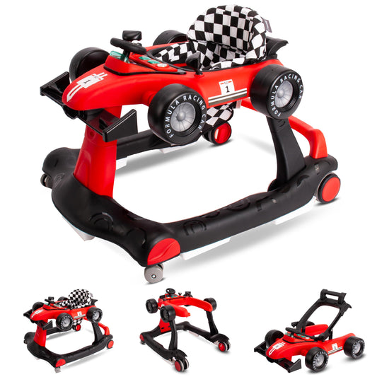 Sun Baby 3in1 Walker with adjustable height, Formula racing design, interactive features, foldable with safety stopper, buttons, lights, and sounds for babies 6 months and up (Red)