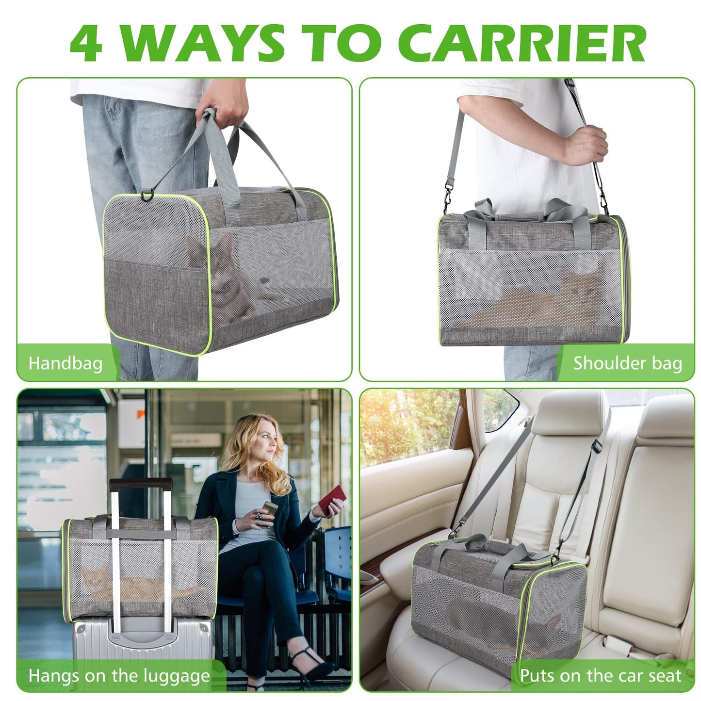 Lannvan pet carrier for cats and dogs up to 6.5kg. Breathable and foldable, with removable plush pad. Ideal for camping, traveling, or visiting the vet. Dimensions: 45x30x30cm, in grey color.