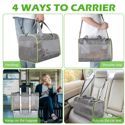 Lannvan pet carrier for cats and dogs up to 6.5kg. Breathable and foldable, with removable plush pad. Ideal for camping, traveling, or visiting the vet. Dimensions: 45x30x30cm, in grey color.