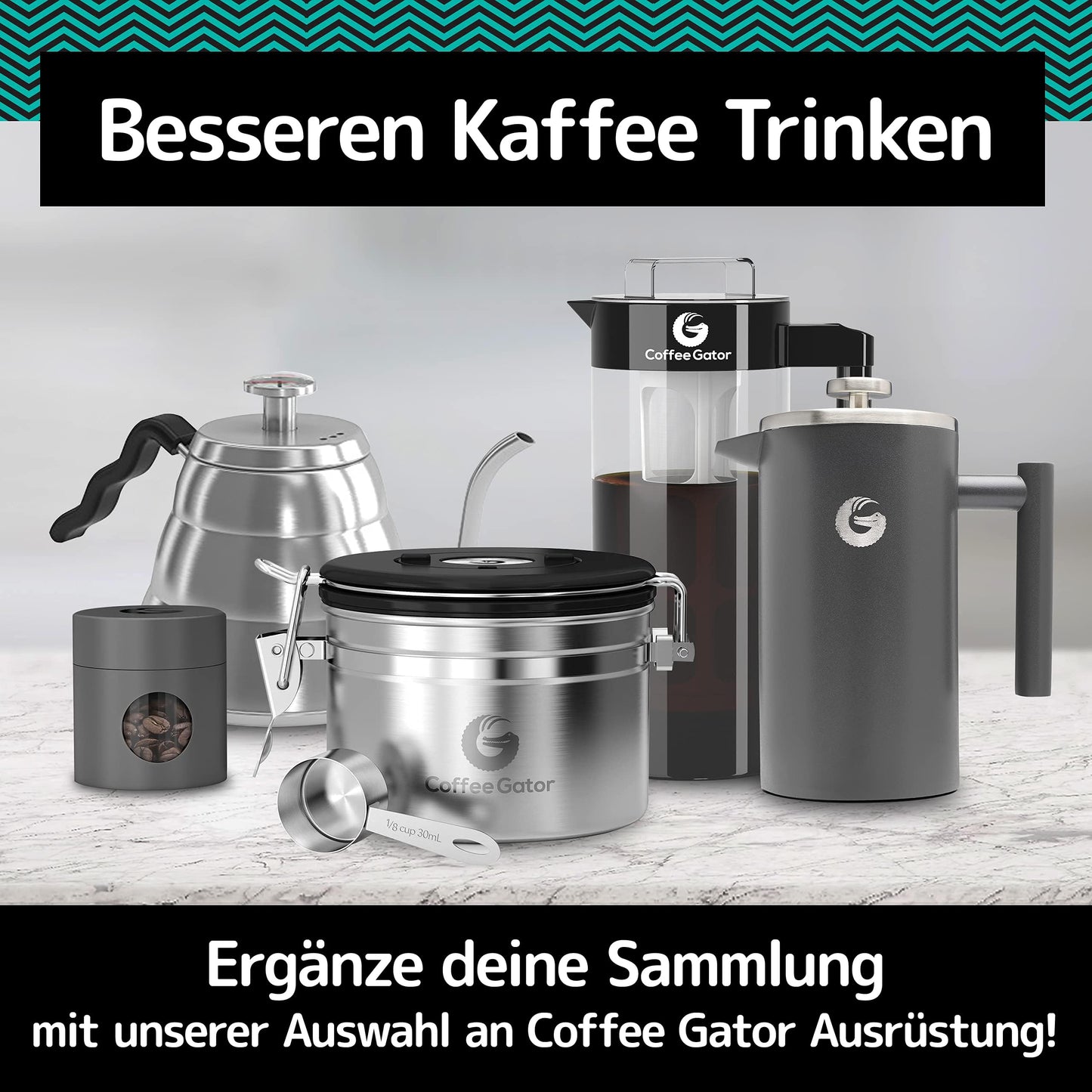 Coffee Gator French Press 1 Liter - with Travel Jar Canister, Double-Walled Insulated Stainless Steel Coffee Maker, Portable Hot Cold Brew Tea Pot for Home Office Kitchen Camping Outdoor