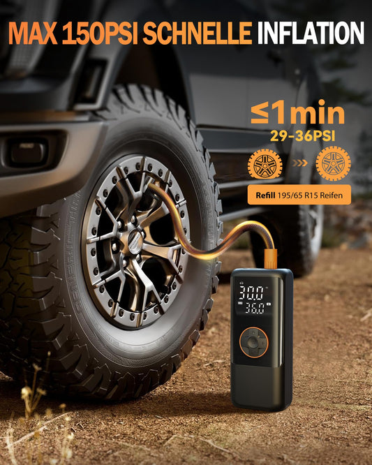 Electric air pump with battery, 150 PSI pump for bike, portable mini compressor with gauge & dual LED display, 12V DC electric tire pump for cars, motorcycles, bikes, and balls.
