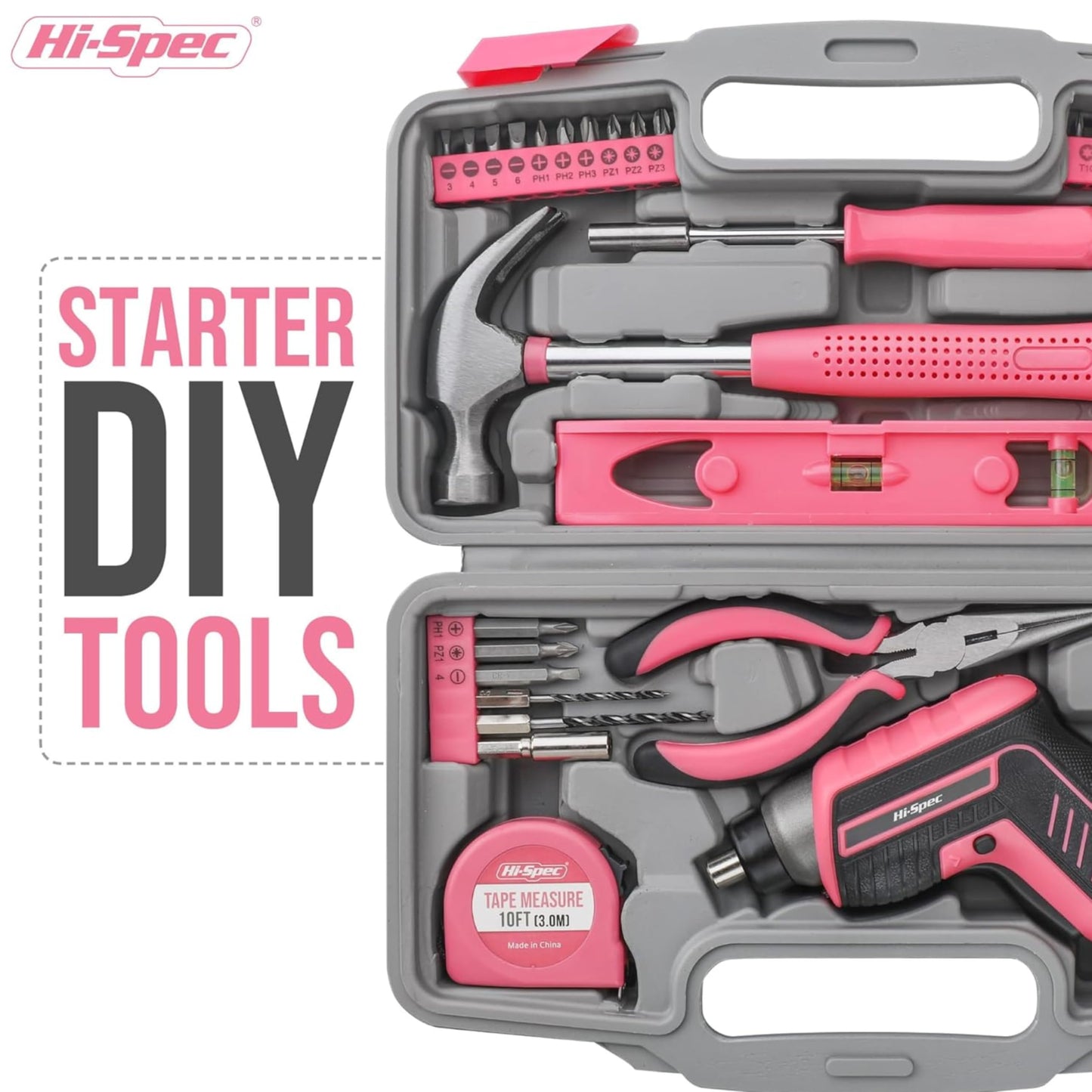 Hi-Spec 35-piece pink home DIY tool set with rechargeable USB drill. Ideal for repairs and maintenance in a convenient tool box - perfect for women and girls.