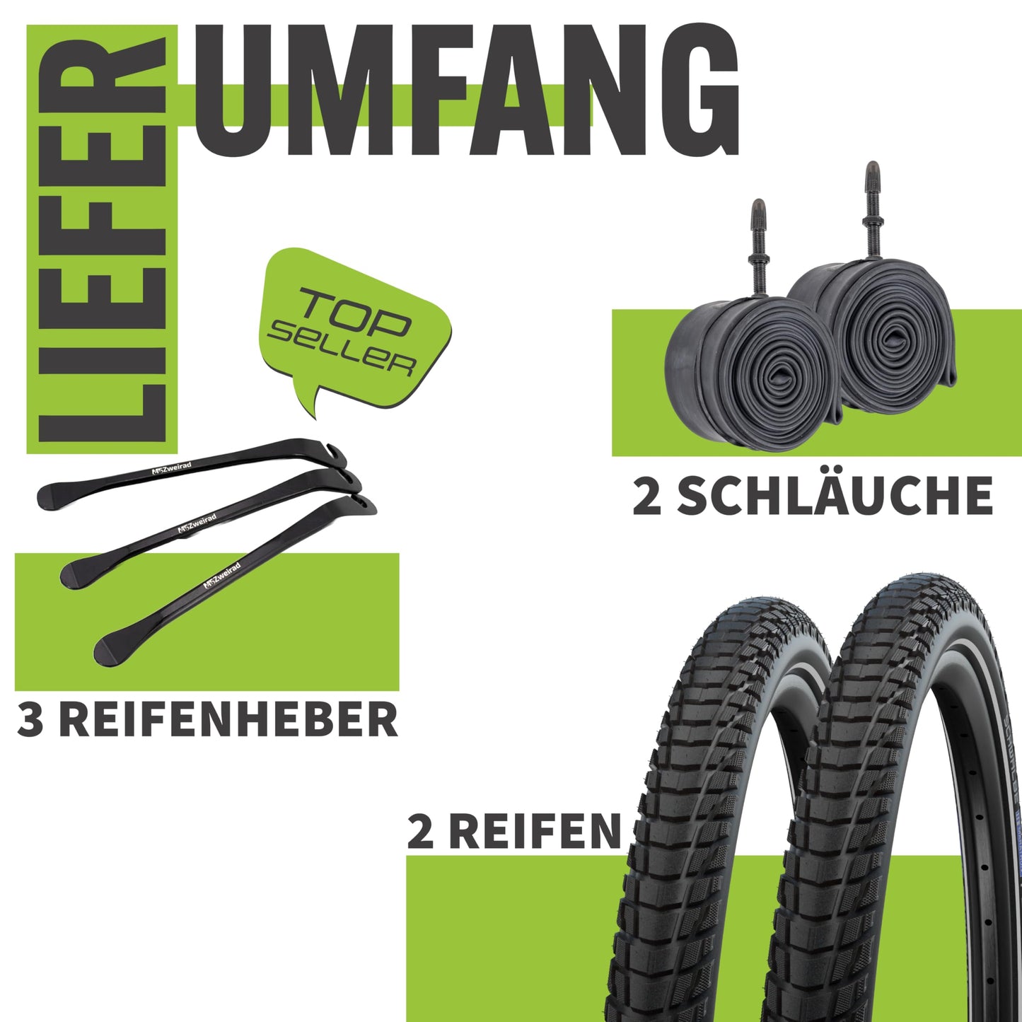 2-pack Schwalbe Marathon Plus Tour 2022 Smart Guard tires 28x1.40 inch (37-622), 28x1.50 inch (40-622), or 28x1.75 inch (47-622) with choice of tube + tire lever (SV valve tubes, 28x1.50 inch (40-622)).