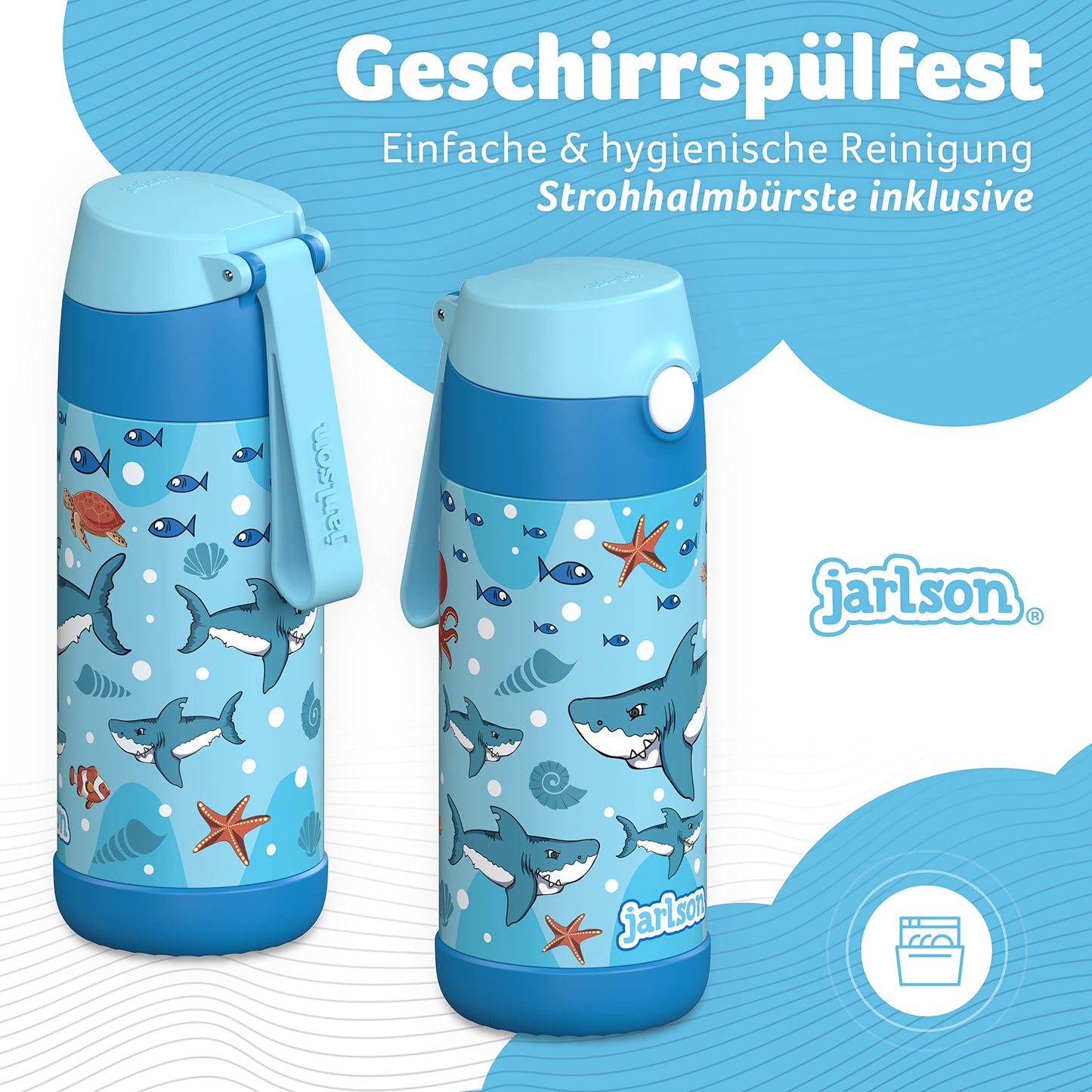 Jarlson® Stainless Steel Kids Water Bottle CHARLI with Straw - 350ml Thermos Flask - TÜV tested - BPA free - leak-proof - Insulated Water Bottle for School, Kindergarten (Sharks)
