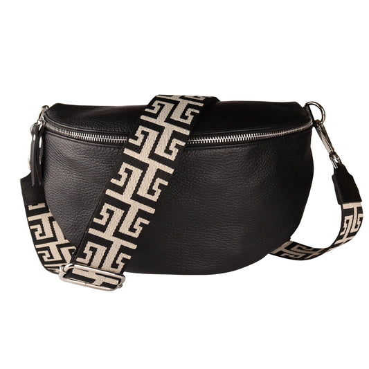 MIRROSI® Waist Bag for women, genuine leather, Made in Italy, shoulder bag, chest bag, crossbody bag (1 bag & 2 straps) (Black (NN Black Beige), Small bag (22x13x6cm))