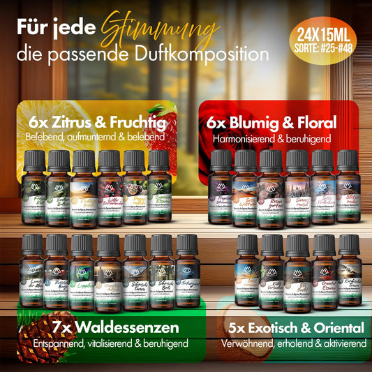NORDHOLZ® Sauna infusion Discovery Box 24x15ml [#25-#48 PURE ESSENTIAL OILS] Sauna infusion - Sauna infusion from Franconia - Sauna accessories