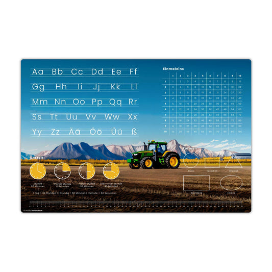 Desk pad for children - learning pad for starting school in various designs - ABC, times tables, clock - 60 x 40 cm - made of wipeable vinyl - Made in Germany (tractor design)