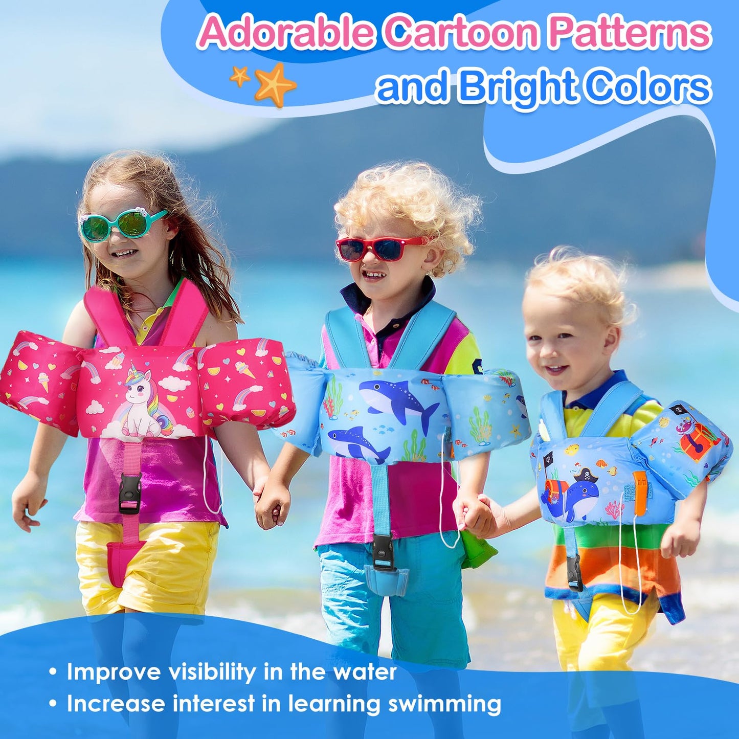 MoKo children's arm floats, toddler swim vest, swimsuit with adjustable strap, swim jacket water wings pool float, sea swimming aid for water sports learning swimming accessories, pink unicorn.