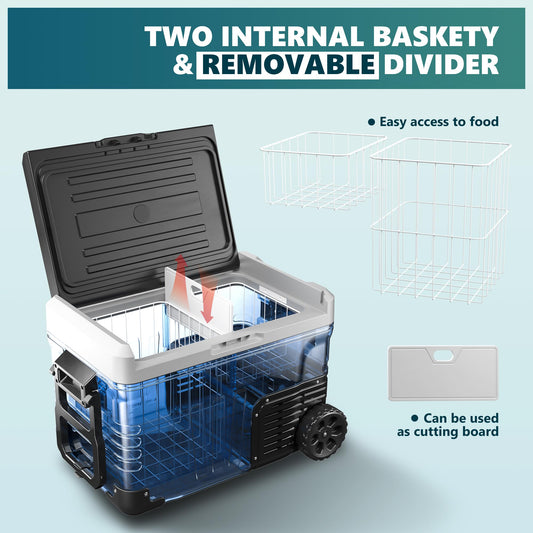 EUHOMY 12 Volt Refrigerator, 37 Quart (35L) Car Fridge Freezer. Can be powered by 12V/24V DC or 110-240V AC. Dual Zone Electric Cooler with -4℉~68℉ temperature range. Portable with wheels & 2 baskets for RV, Camping, Travel, Truck, Boat.