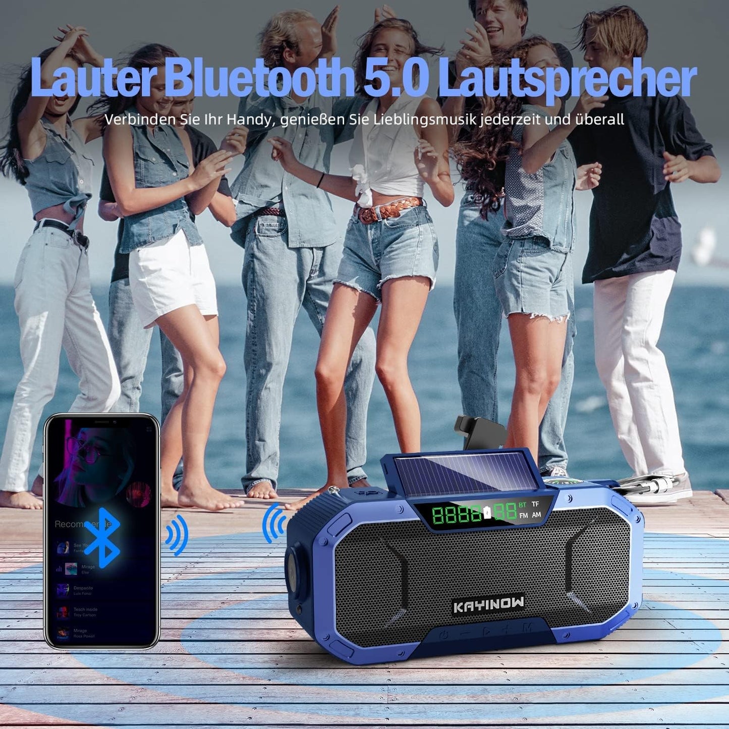 Solar crank radio with Bluetooth speaker, phone charging function, and bike mount. IPX5 waterproof and portable. Emergency AM/FM radio with 5000mAh battery. Perfect for camping and outdoor activities with built-in flashlight and SOS feature.