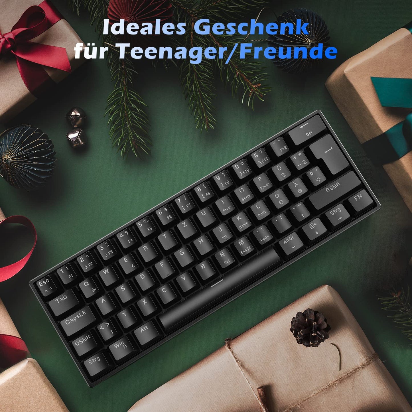 TECURS Mechanical Gaming Keyboard, Mechanical Keyboard 60 Percent QWERTZ Red Switches for PC Gamers and Work, 61 Keys Wired Keyboard for PC Windows/PS5/PS4, Black
