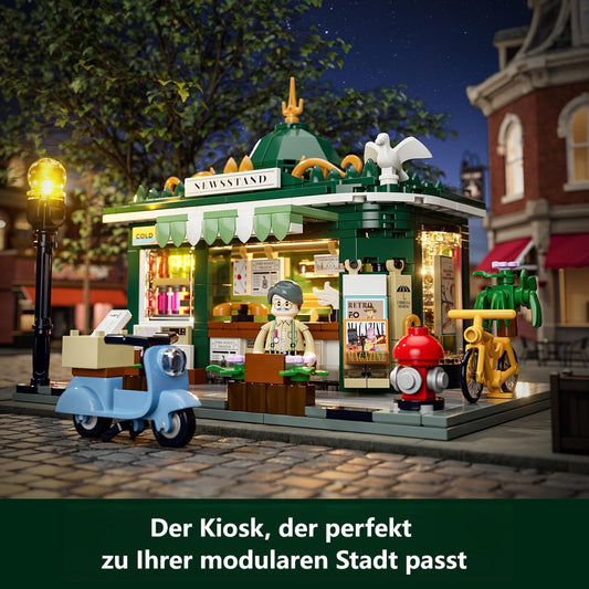 FUNWHOLE Kiosk Lighting Clamp Building House, Desk Decor, Retro Modular Building City Life Set, Gift for Adults and Teens, 556 Pcs, F9023, Newsstand