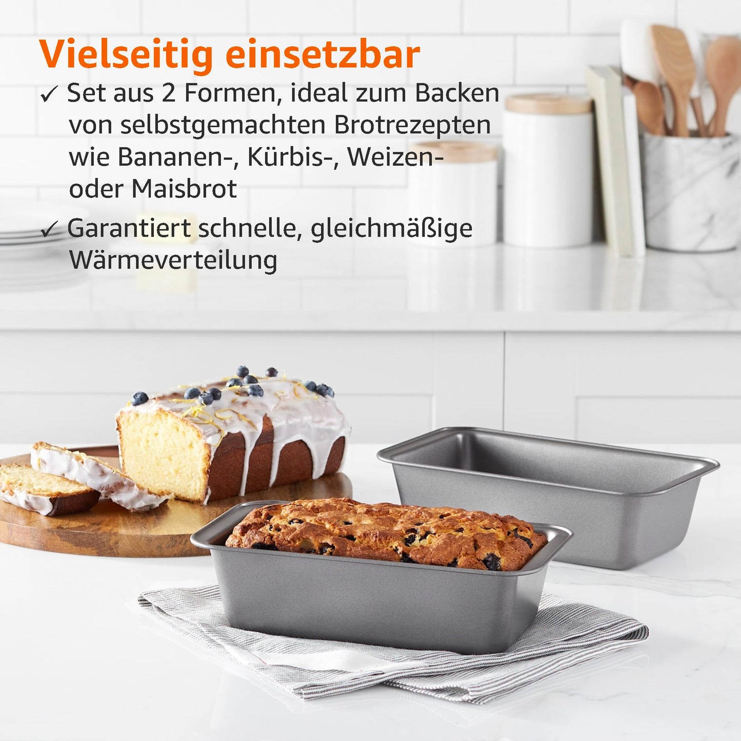 Amazon Basics Rectangular Bread Baking Pan, 2-Pack, non-stick coated, carbon steel, Gray, 27x15x7 cm