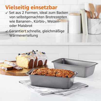 Amazon Basics Rectangular Bread Baking Pan, 2-Pack, non-stick coated, carbon steel, Gray, 27x15x7 cm